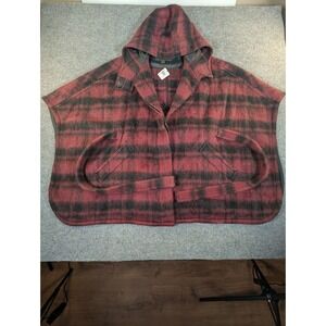 Coach Dark Cranberry Plaid Wool Blend Hooded Cape Leather‎ Trim F86266 NWT M/L